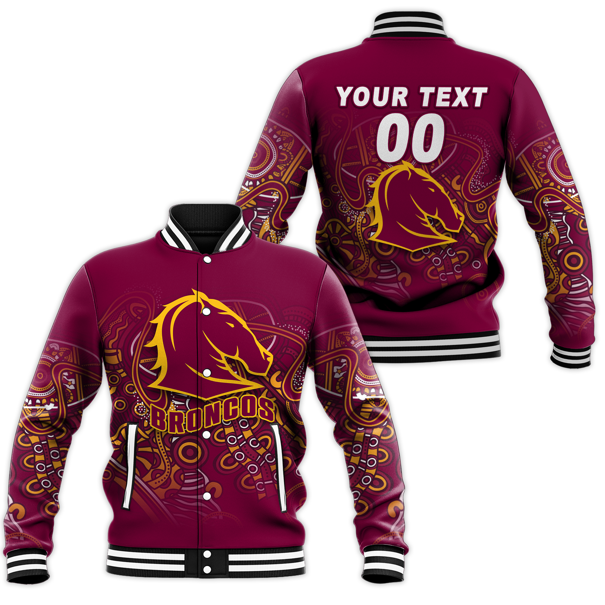 (Custom Personalised) Brisbane Broncos Rugby Indigenous Baseball Jacket - LT12