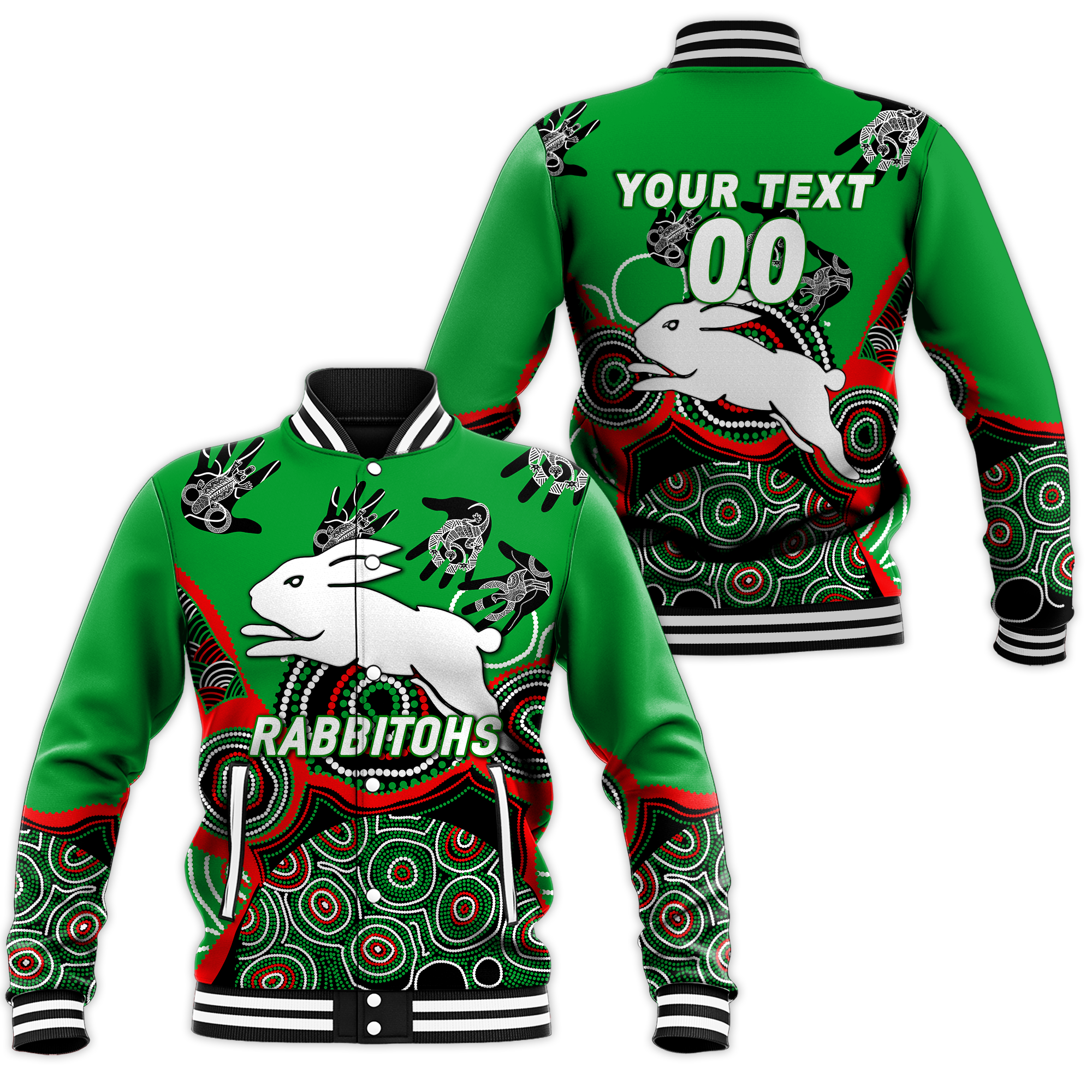 (Custom Personalised) Rabbitohs Rugby Aboriginal Art Baseball Jacket - LT12