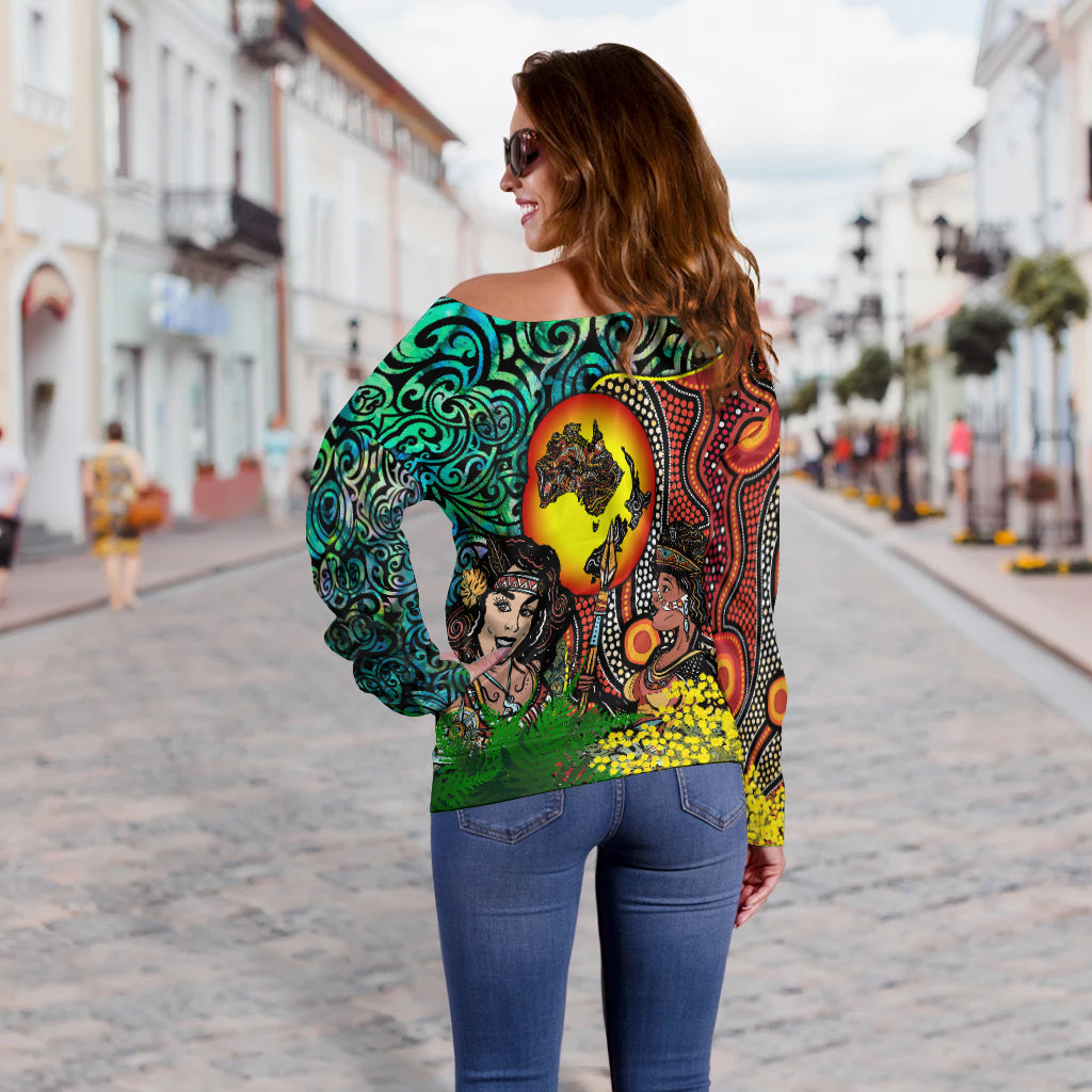 Australia Aboriginal Kangaroo Combine New Zealand Maori Kiwi Bird Women Off Shoulder Sweater - LT2