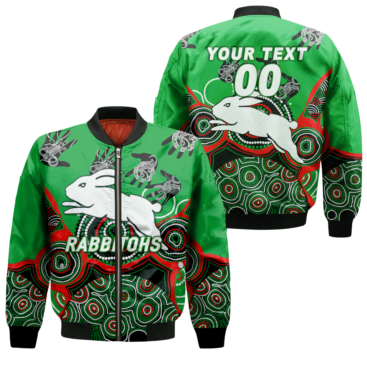 (Custom Personalised) Rabbitohs Rugby Aboriginal Art Bomber Jacket - LT12
