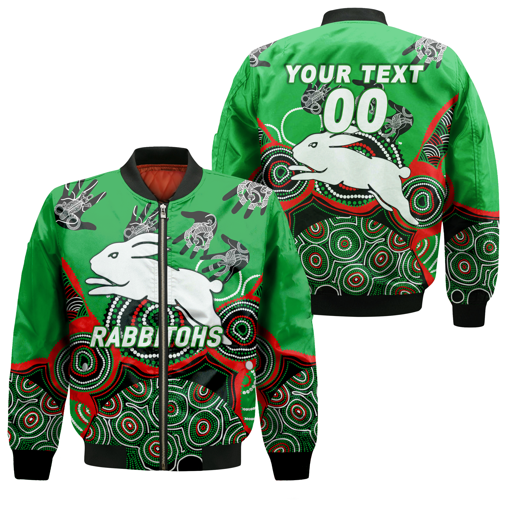 (Custom Personalised) Rabbitohs Rugby Aboriginal Art Bomber Jacket - LT12