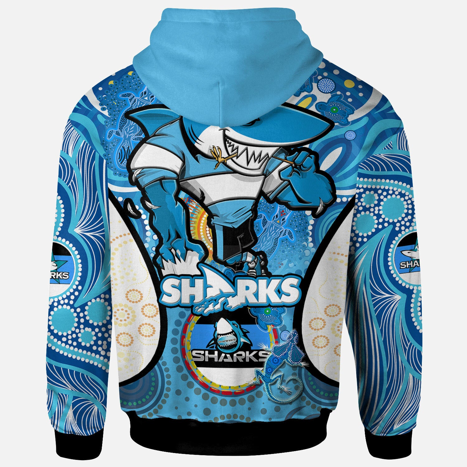 sharks-rugby-hoodie-custom-sharkies-mascot-with-aboriginal-art-personalised-player-and-number-hoodie