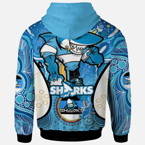 sharks-rugby-hoodie-custom-sharkies-mascot-with-aboriginal-art-personalised-player-and-number-hoodie