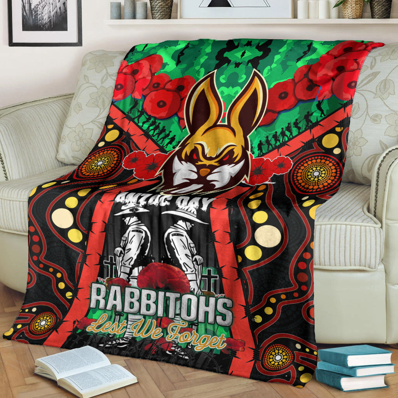 rabbitohs-rugby-aboriginal-anzac-day-custom-watercolour-blanket-remembrance-indigenous-rabbitohs-with-poppy-flower