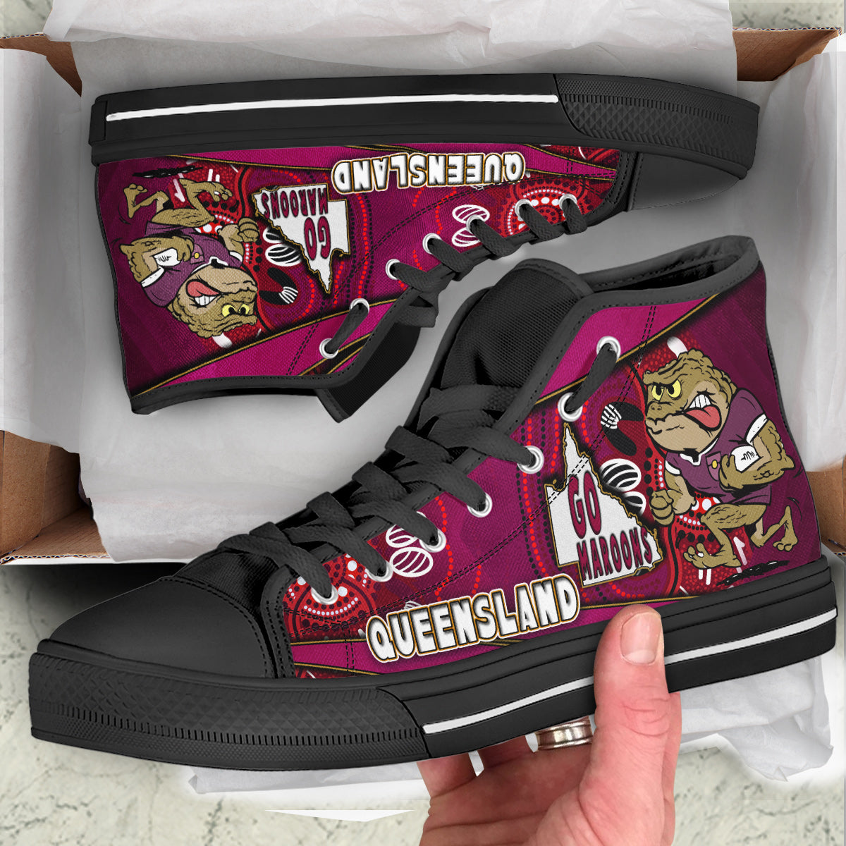 queensland-rugby-league-team-high-top-shoes-queensland-maroons-mascot-aboriginal-art-state-of-origin-high