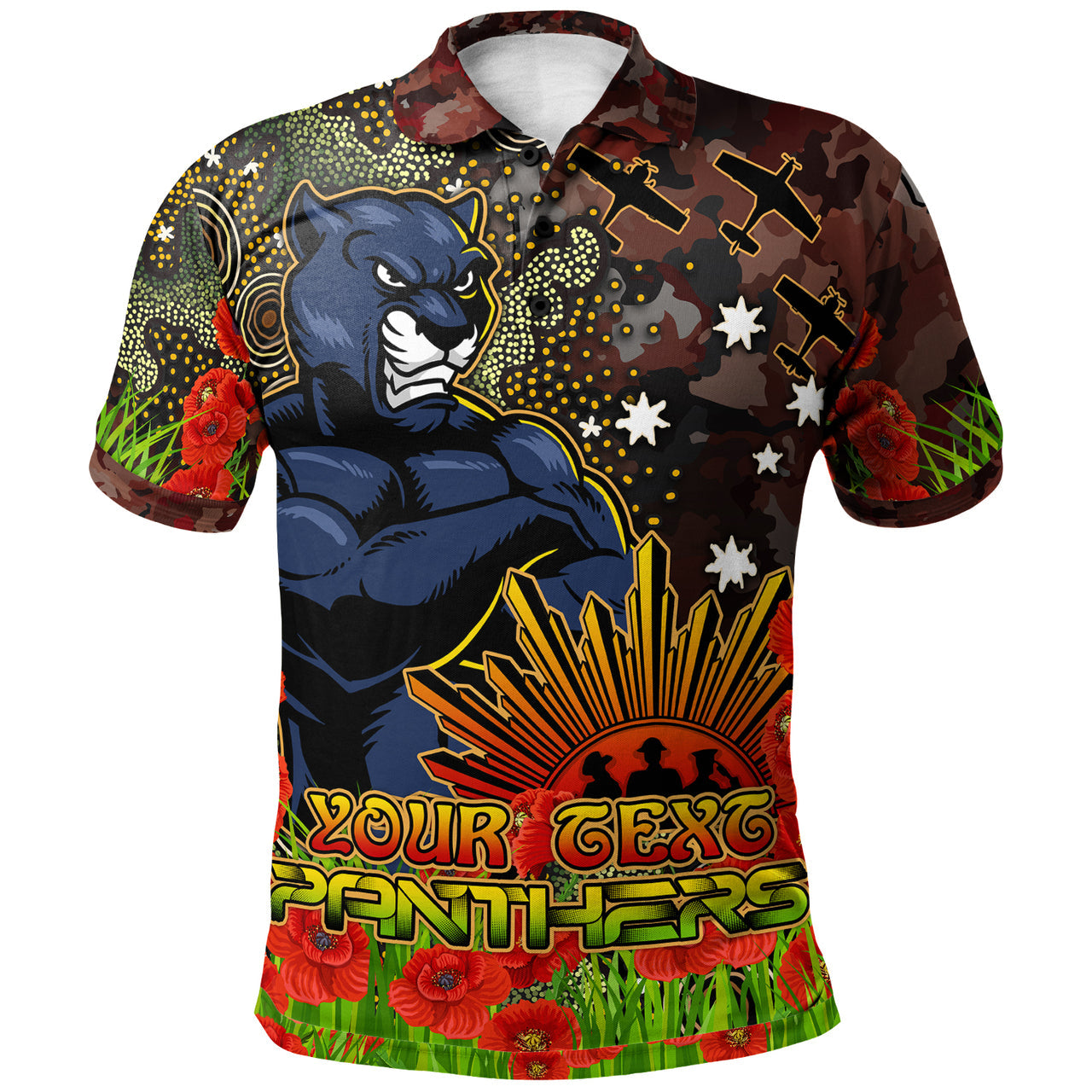 panthers-rugby-polo-shirt-custom-anzac-panthers-with-remembrance-poppy-and-indigenous-patterns-polo-shirt