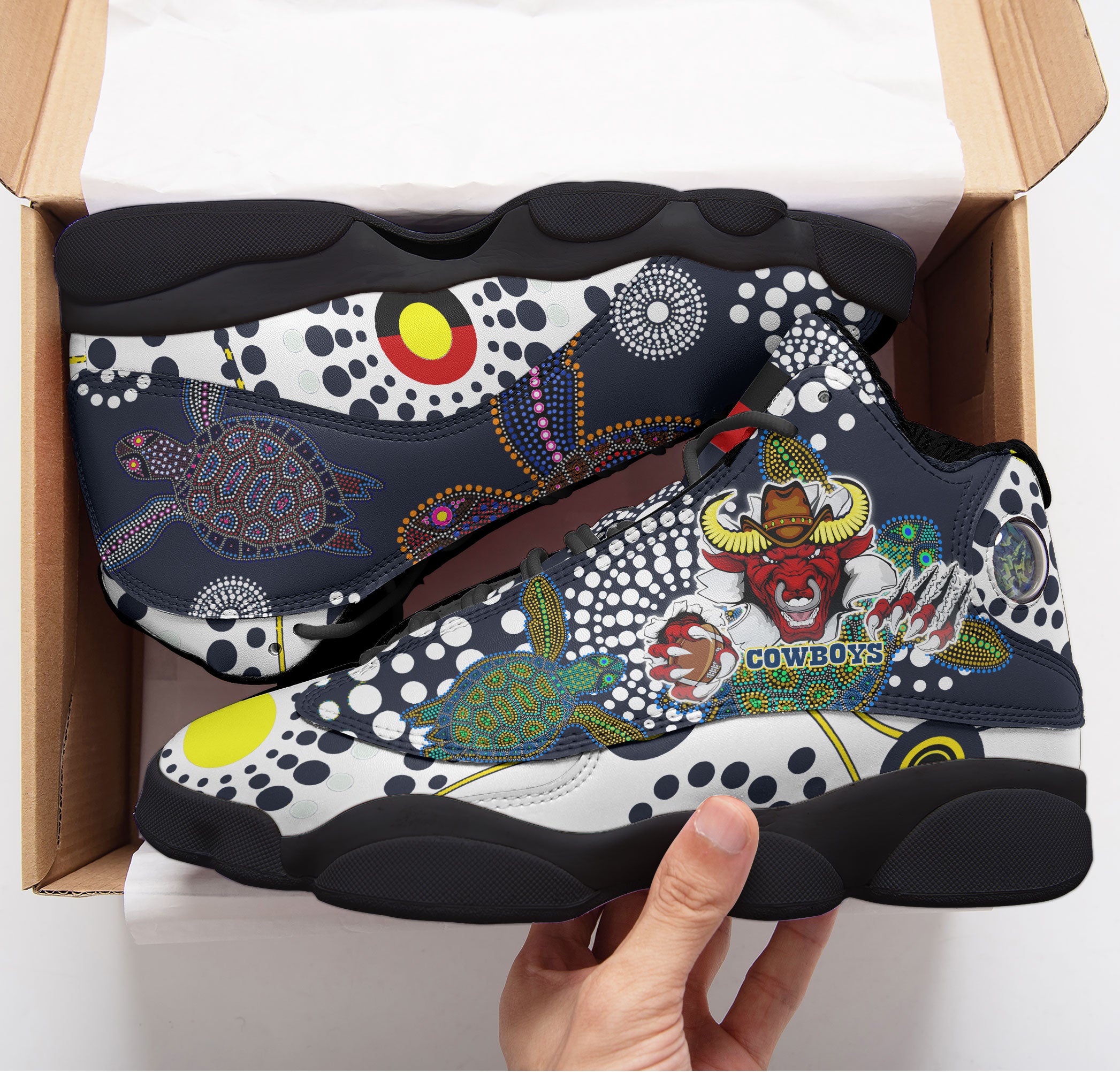 cowboys-rugby-high-top-basketball-shoes-j13-custom-indigenous-queensland-super-cows-with-sea-turtle-scratch-style-sneakers-j13