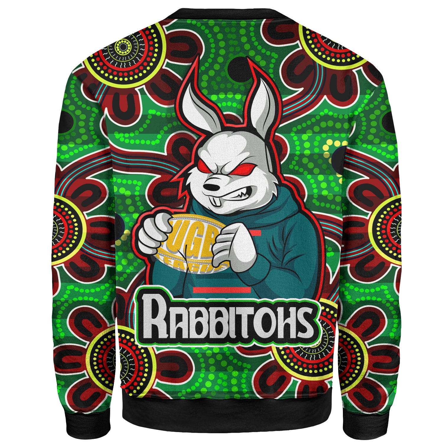 rabbitohs-rugby-custom-sweatshirt-rabbitohs-with-rugby-ball-aboriginal-style-of-dot-painting-patterns-custom-sweatshirt