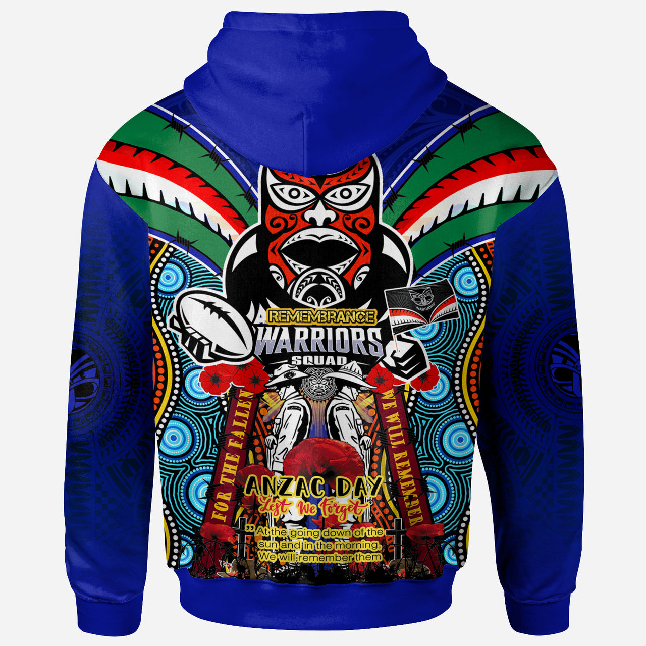 Warriors Rugby Custom Anzac Hoodie - Remembrance Warriors With Maori Mask And Aboriginal Patterns (Home and Away) LT10