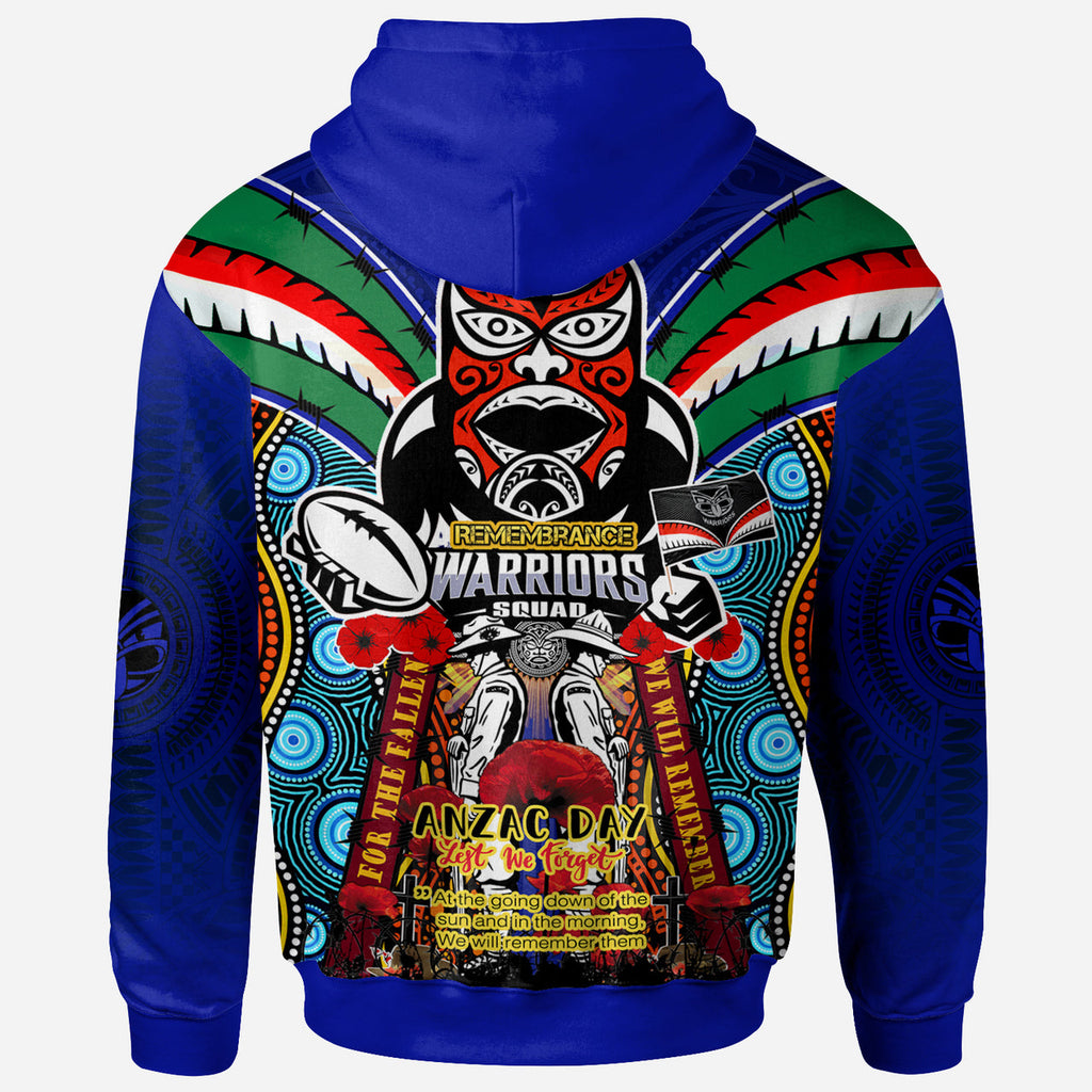 Warriors Rugby Custom Anzac Hoodie - Remembrance Warriors With Maori Mask And Aboriginal Patterns (Home and Away) LT10