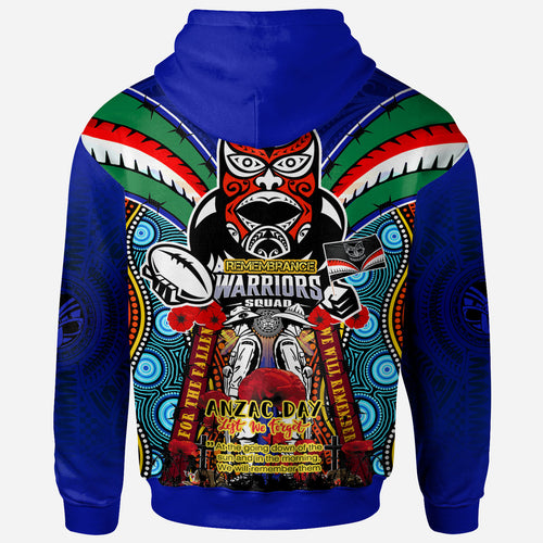 Warriors Rugby Custom Anzac Hoodie - Remembrance Warriors With Maori Mask And Aboriginal Patterns (Home and Away) LT10