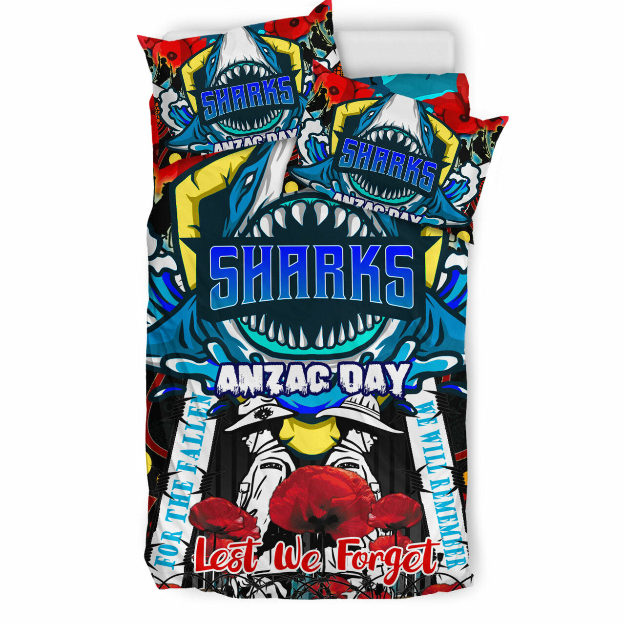 sharks-rugby-anzac-day-watercolour-custom-bedding-set-remembrance-cronulla-sutherland-sharks-with-poppy-flower