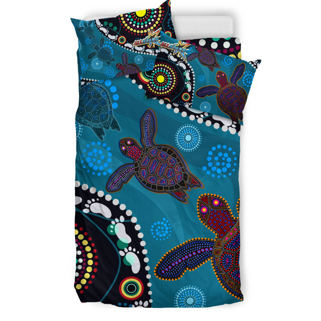 indigenous-all-stars-rugby-custom-bedding-set-dreamtime-turtle-with-aboriginal-and-torres-strait-islanders-flag
