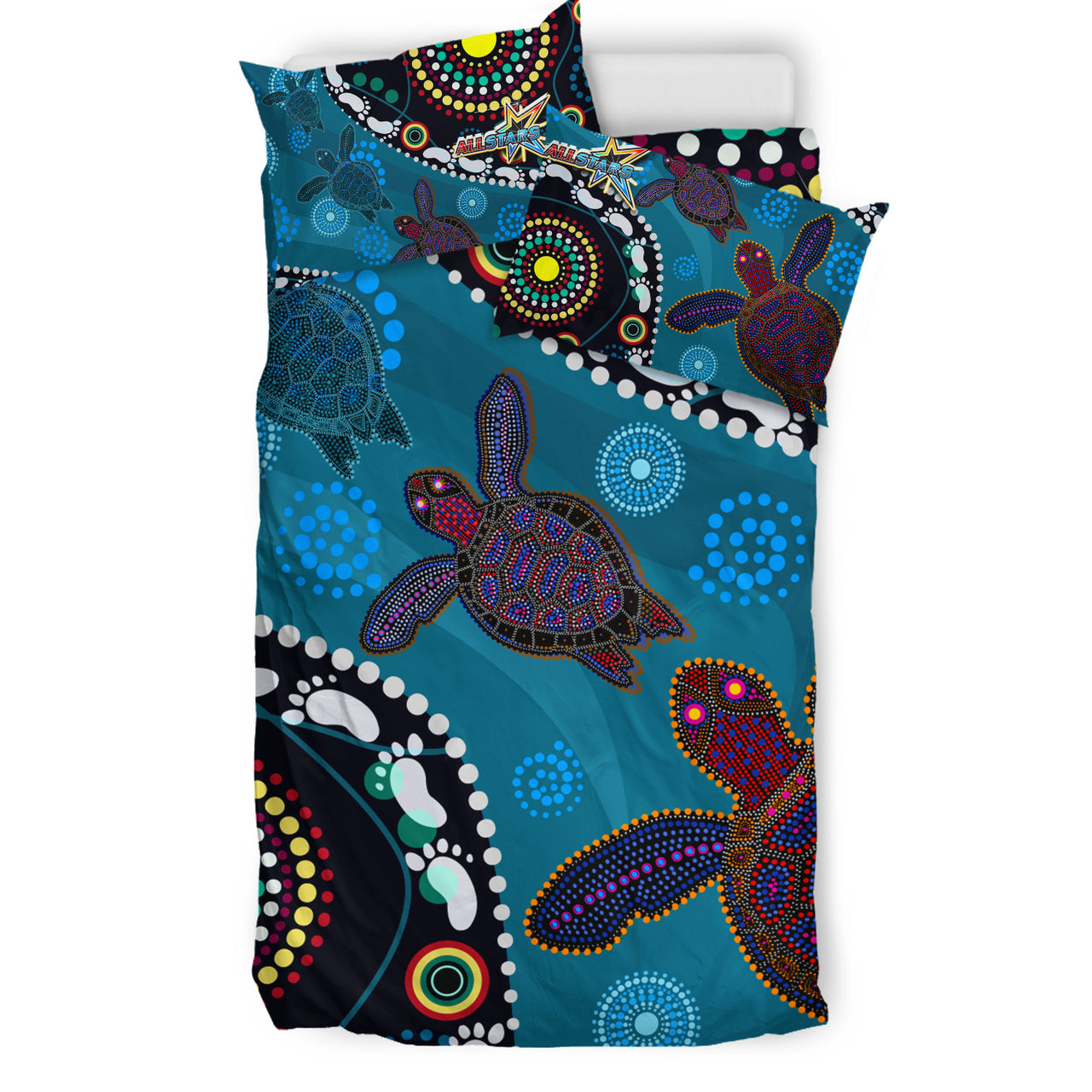 indigenous-all-stars-rugby-custom-bedding-set-dreamtime-turtle-with-aboriginal-and-torres-strait-islanders-flag