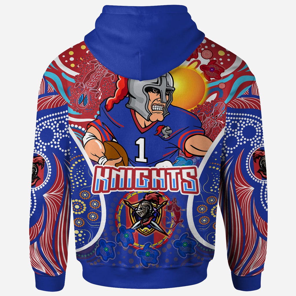 knights-rugby-hoodie-custom-indigenous-newcastle-knights-mascot-with-aboriginal-art-personalised-player-and-number-hoodie