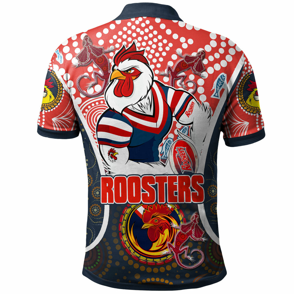 roosters-rugby-polo-shirt-custom-sydney-roosters-champion-mascot-with-aboriginal-art-personalised-player-and-number-polo-shirt