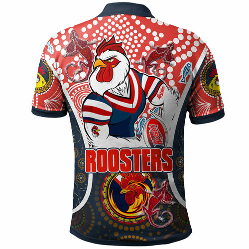 roosters-rugby-polo-shirt-custom-sydney-roosters-champion-mascot-with-aboriginal-art-personalised-player-and-number-polo-shirt