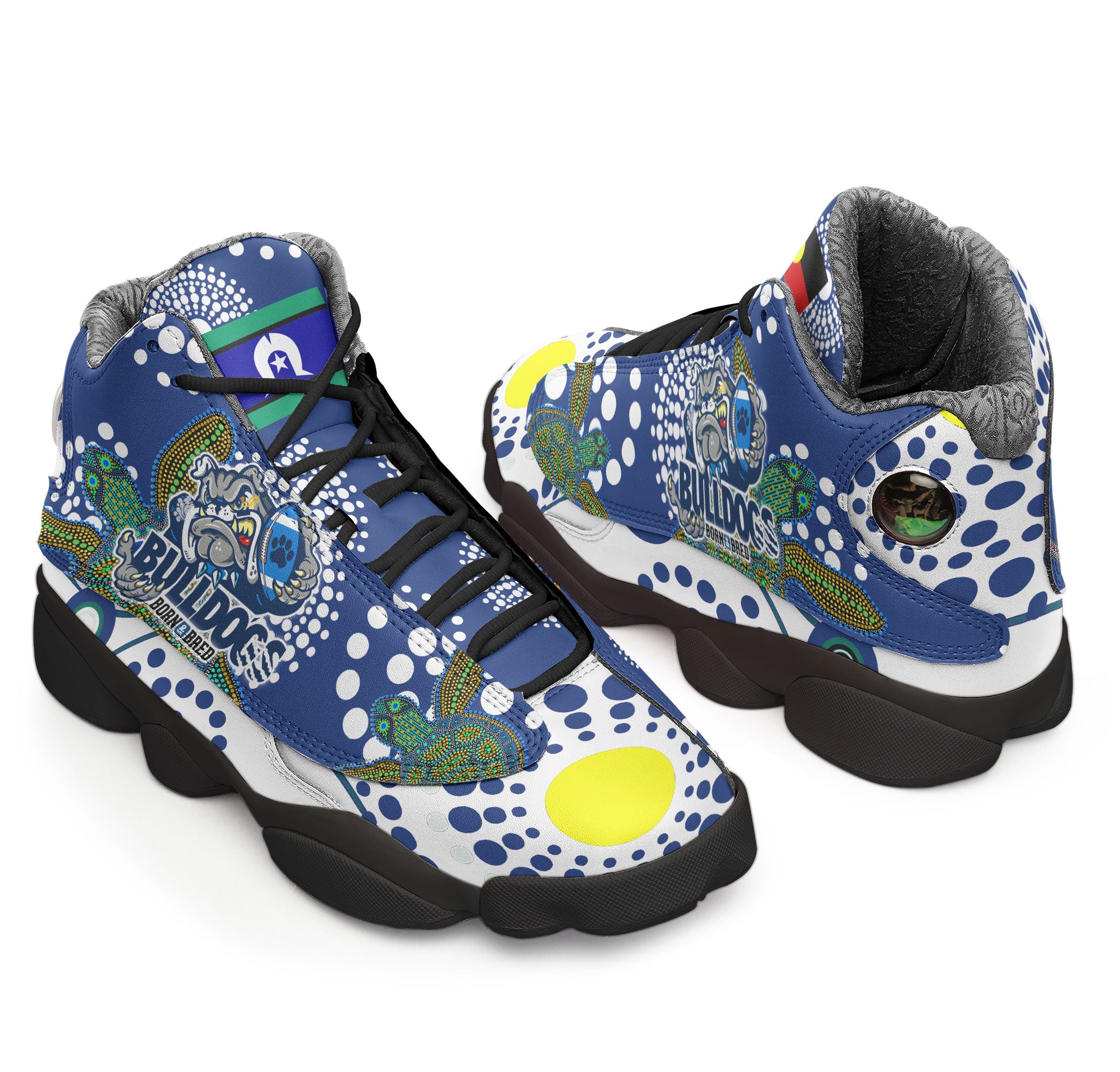 bulldogs-rugby-born-bred-high-top-basketball-shoes-j13-custom-indigenous-bulldogs-with-rugby-ball-and-aboriginal-patterns