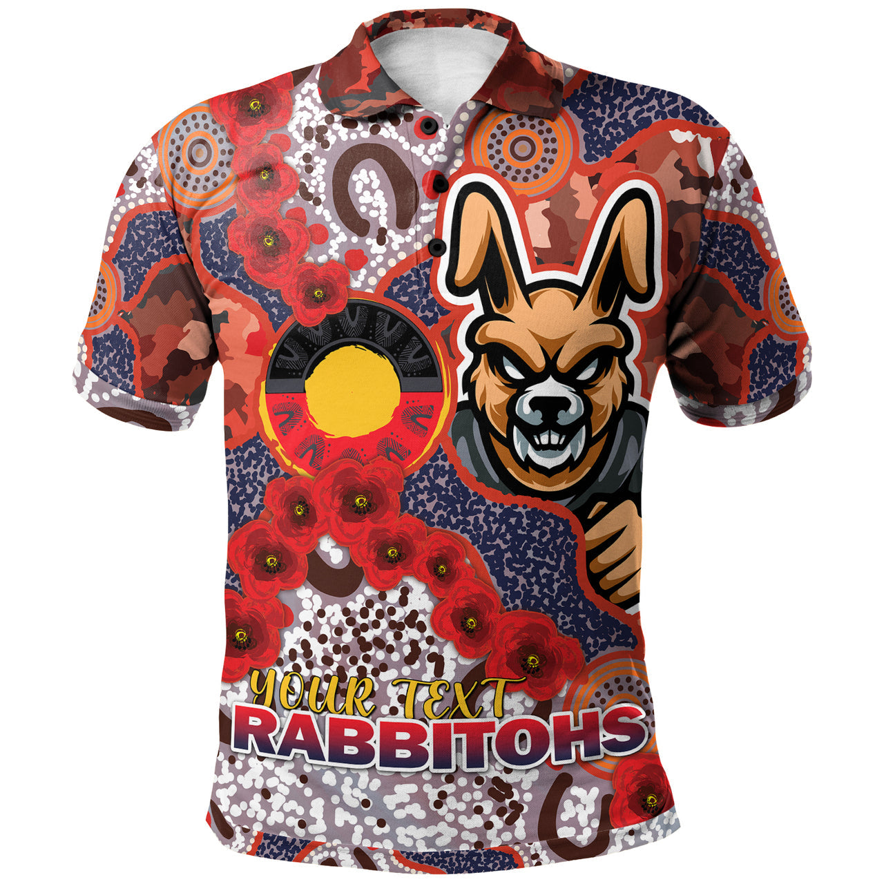 rabbitohs-rugby-polo-shirt-custom-anzac-south-sydney-rabbitohs-with-aboriginal-poppy-flowers-polo-shirt