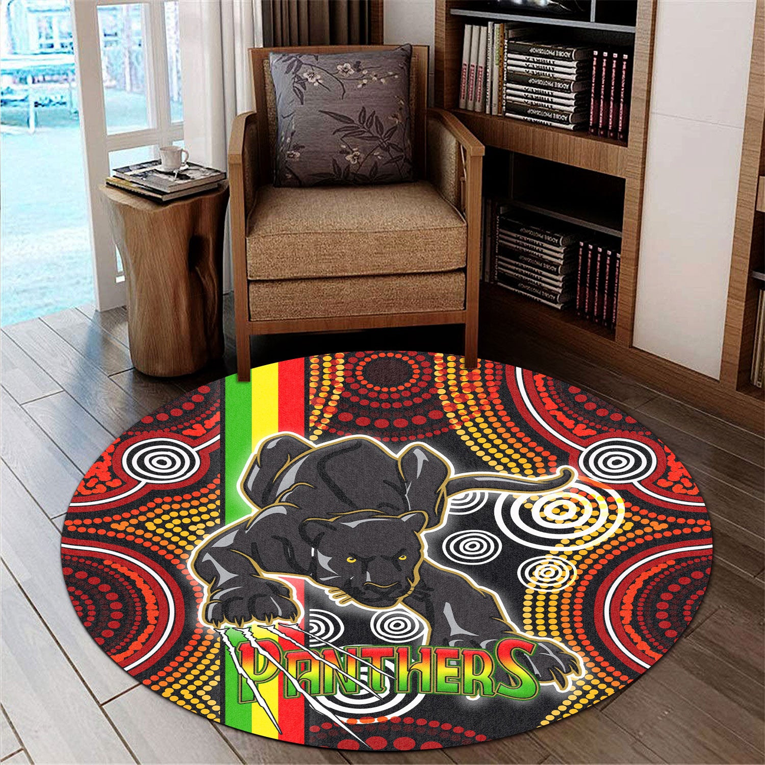 panthers-rugby-round-rug-black-panther-with-aboriginal-contemporary-dot-painting-pattern-round-rug
