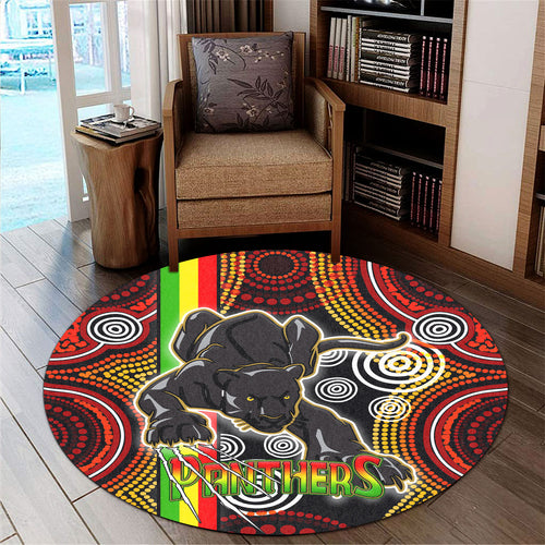 panthers-rugby-round-rug-black-panther-with-aboriginal-contemporary-dot-painting-pattern-round-rug