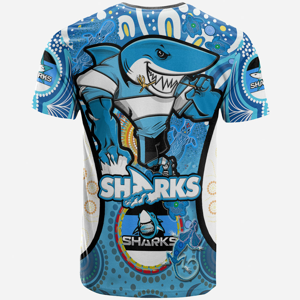 sharks-rugby-t-shirt-custom-sharkies-mascot-with-aboriginal-art-personalised-player-and-number-t-shirt