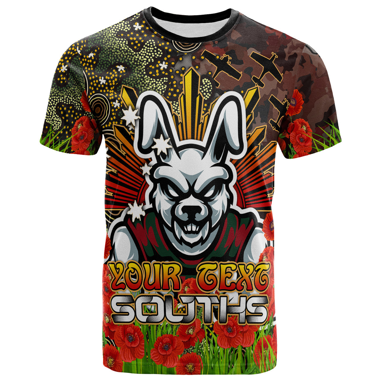 rabbitohs-rugby-t-shirt-anzac-souths-with-remembrance-poppy-and-indigenous-patterns-t-shirt