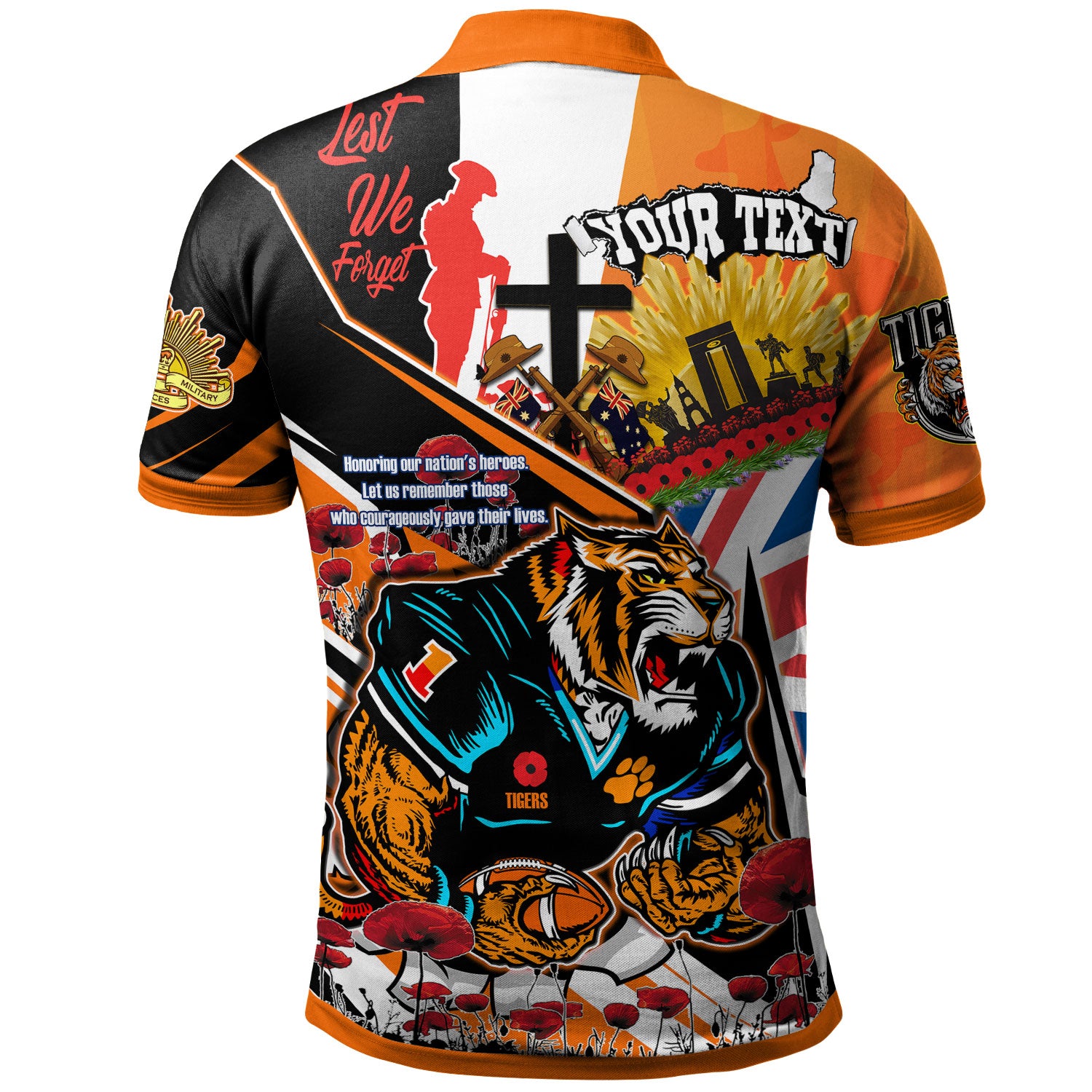 tigers-rugby-polo-shirt-custom-remembrance-tigers-anzac-quote-with-poppy-and-rosemary-polo-shirt