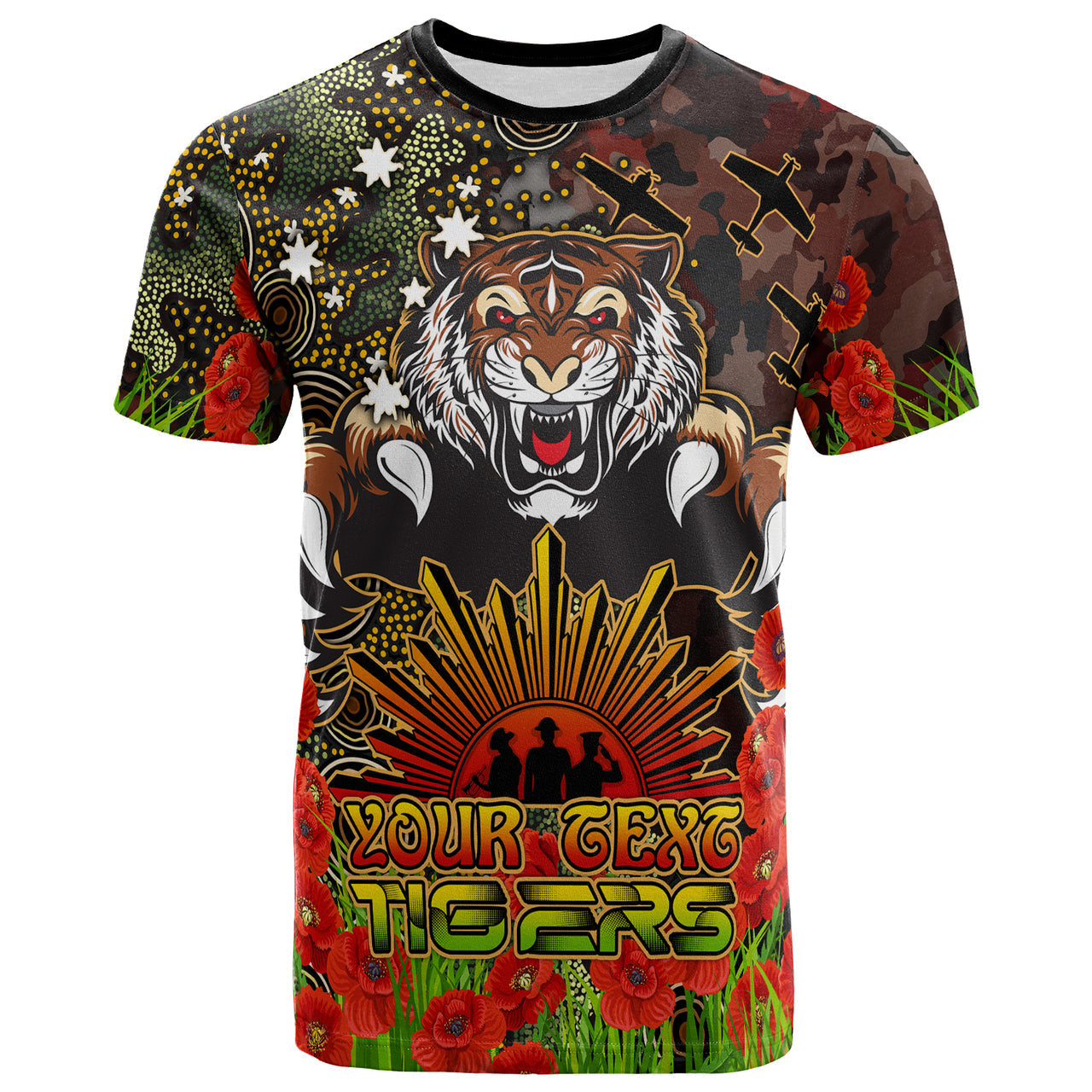tigers-rugby-t-shirt-custom-anzac-tigers-with-remembrance-poppy-and-indigenous-patterns-t-shirt-1