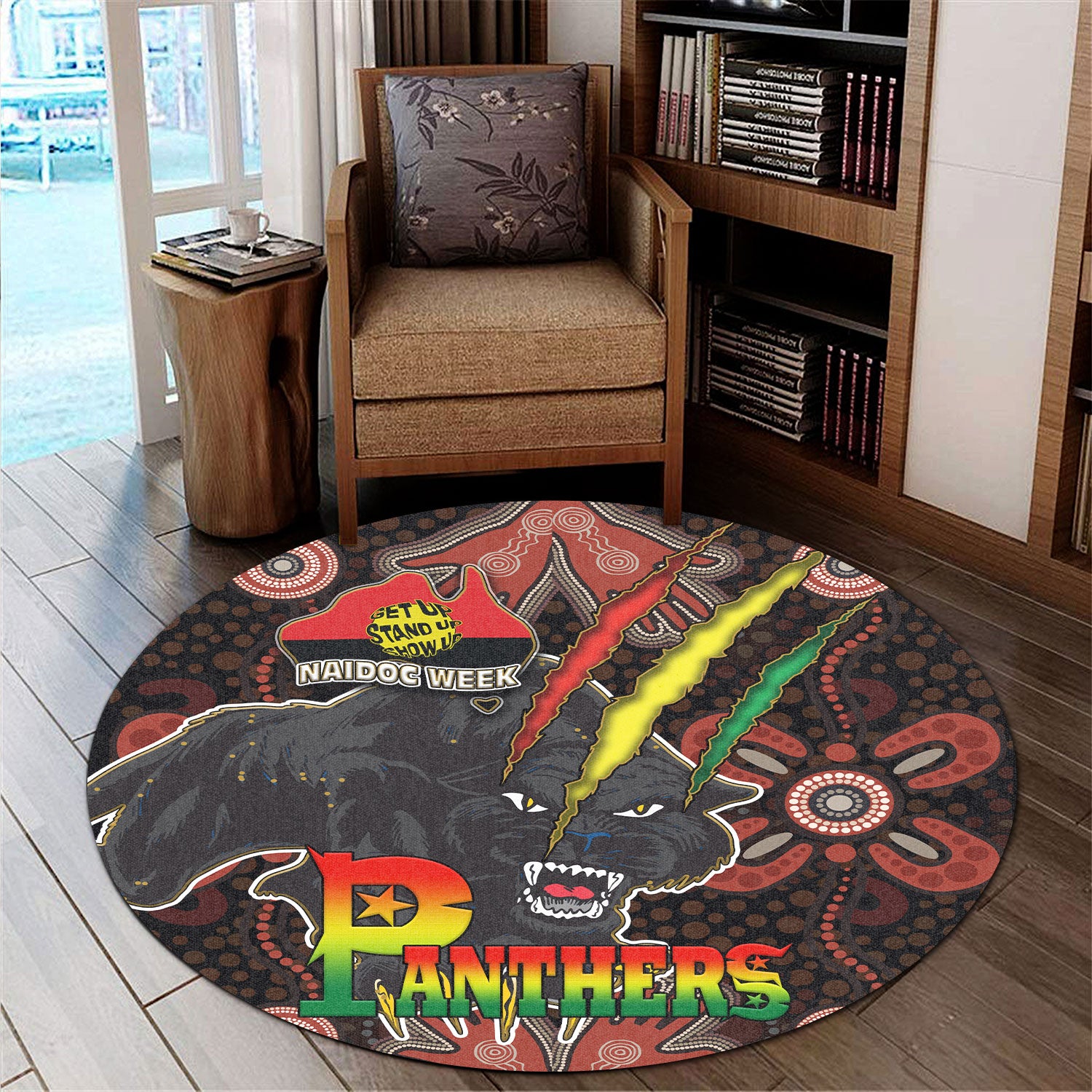 panthers-rugby-round-rug-naidoc-week-panther-with-aboriginal-dot-design-background-get-up-stand-up-show-up-round-rug
