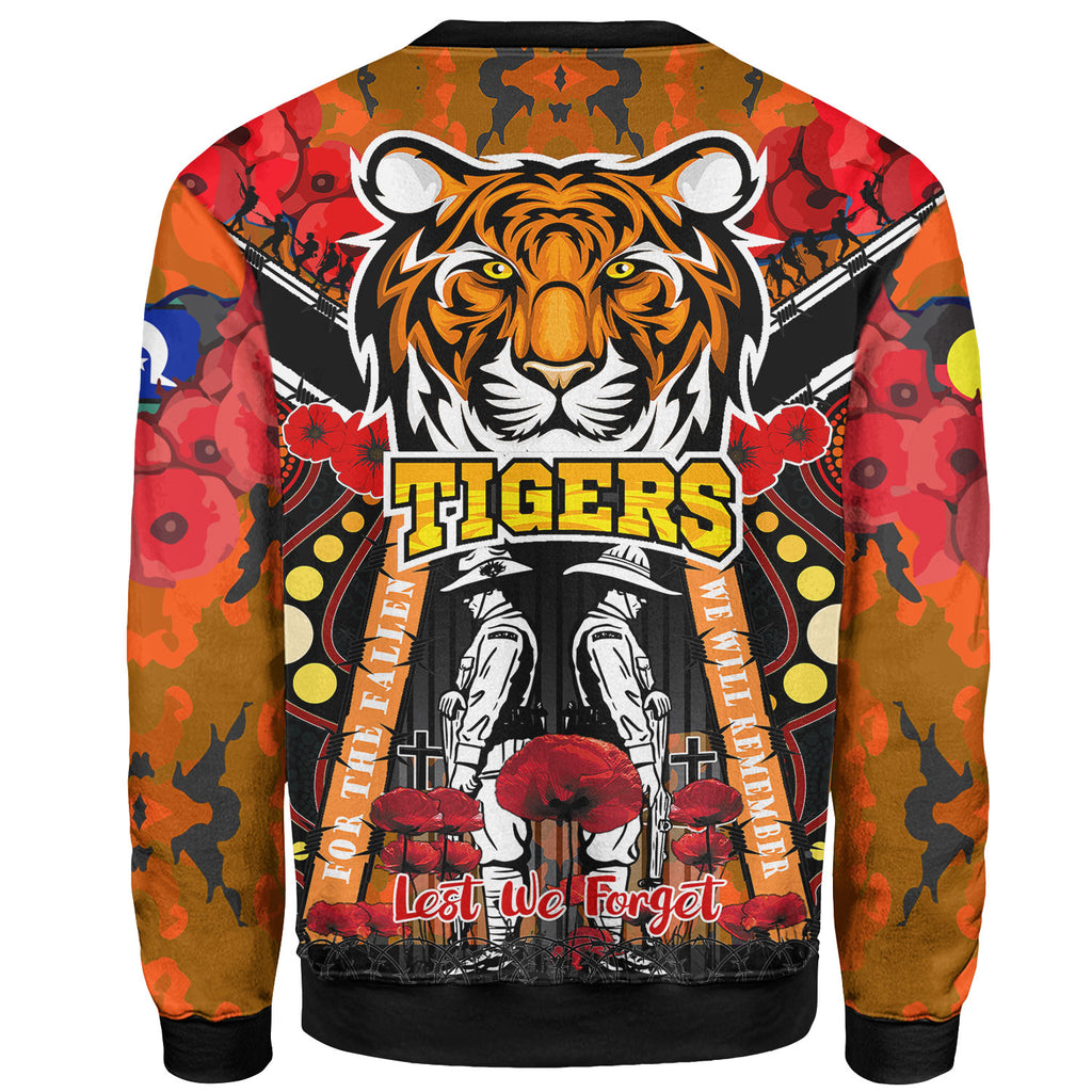 tigers-rugby-anzac-day-sweatshirt-custom-remembrance-west-tigers-with-poppy-flower-watercolour-sweatshirt