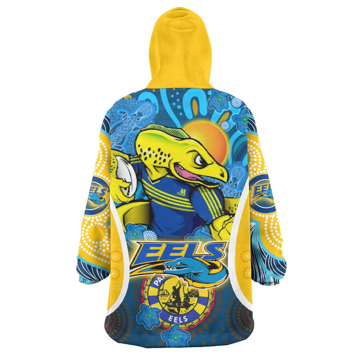 parramatta-eels-rugby-snug-hoodie-custom-eels-mascot-with-aboriginal-art-personalised-player-and-number-oodie-blanket