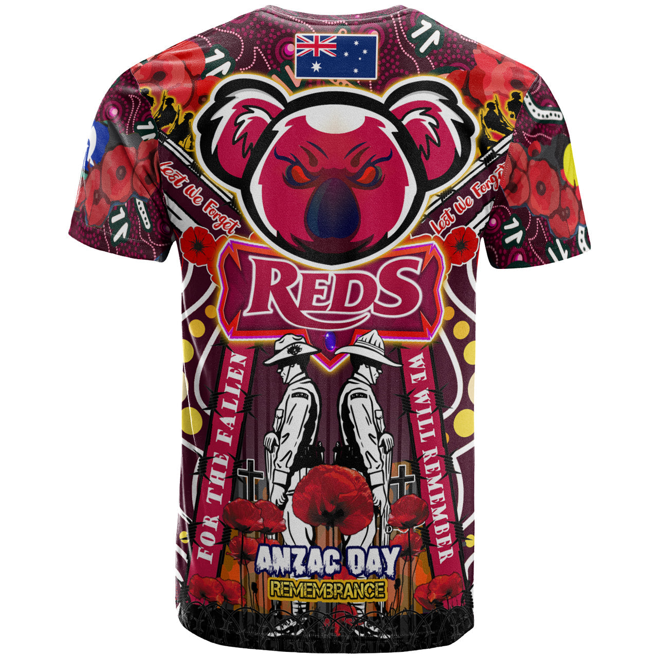 reds-rugby-anzac-aboriginal-custom-watercolour-t-shirt-remembrance-queensland-reds-with-koala-and-poppy-flower