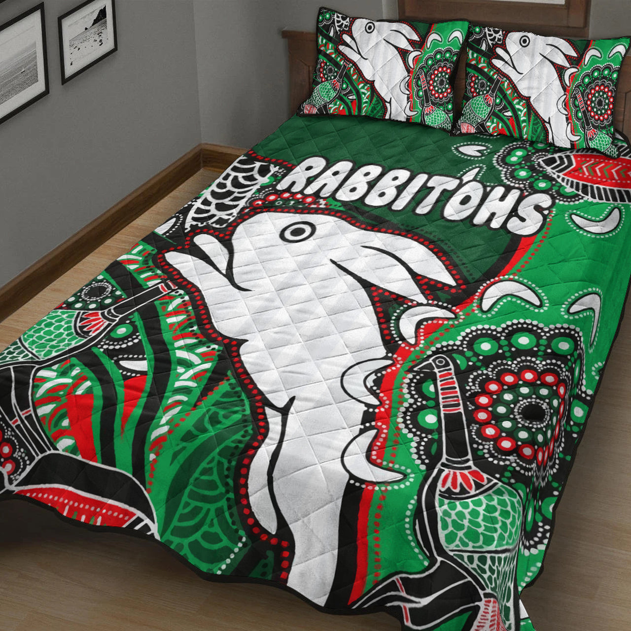 south-sydney-rabbitohs-rugby-custom-quilt-bed-set-indigenous-dreaming-rabbitohs