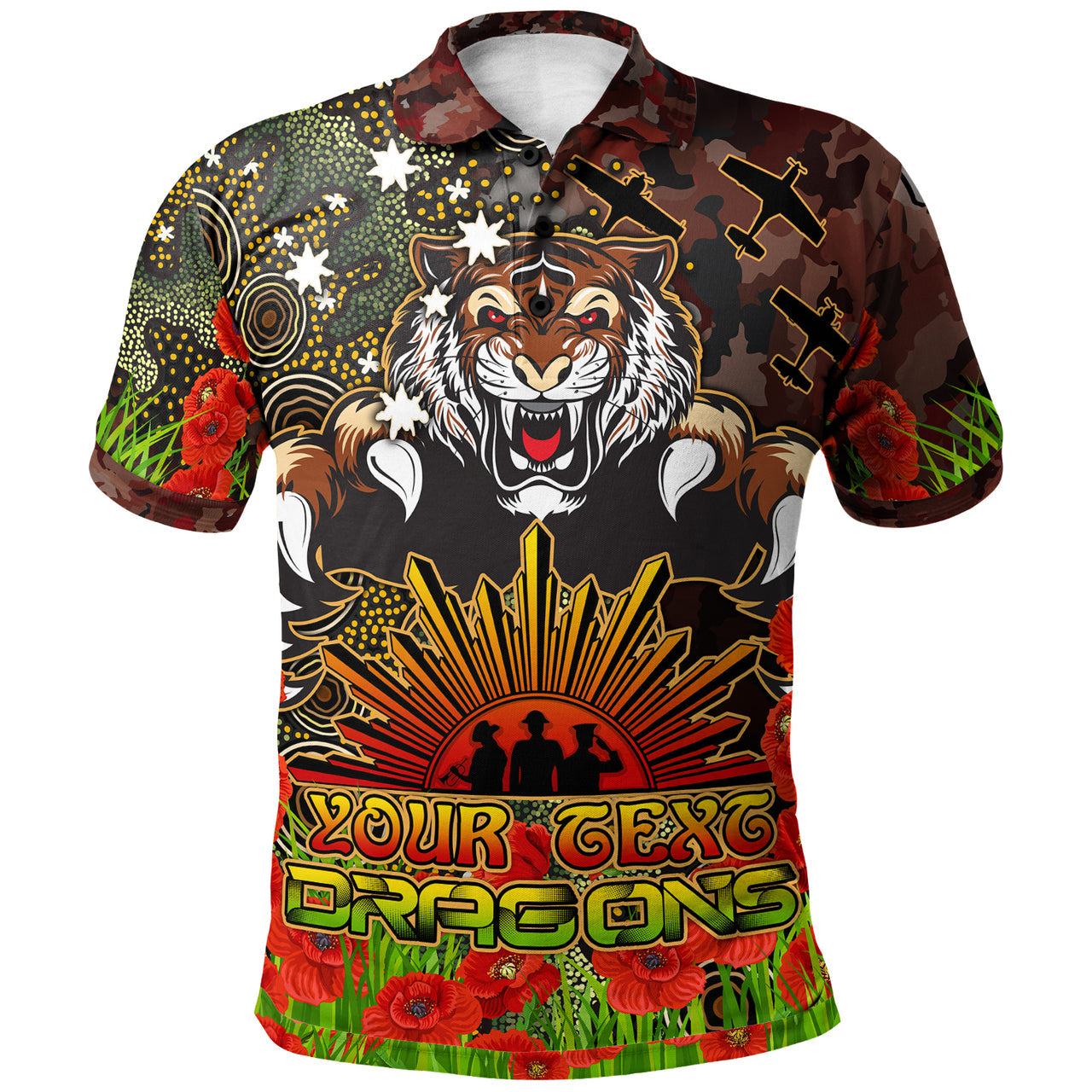 tigers-rugby-polo-shirt-custom-anzac-tigers-with-remembrance-poppy-and-indigenous-patterns-polo-shirt