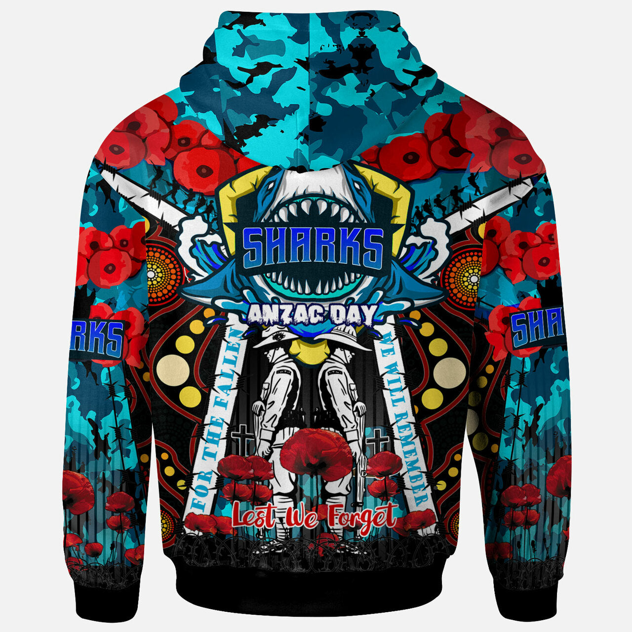 sharks-rugby-anzac-day-watercolour-custom-hoodie-remembrance-cronulla-sutherland-sharks-with-poppy-flower