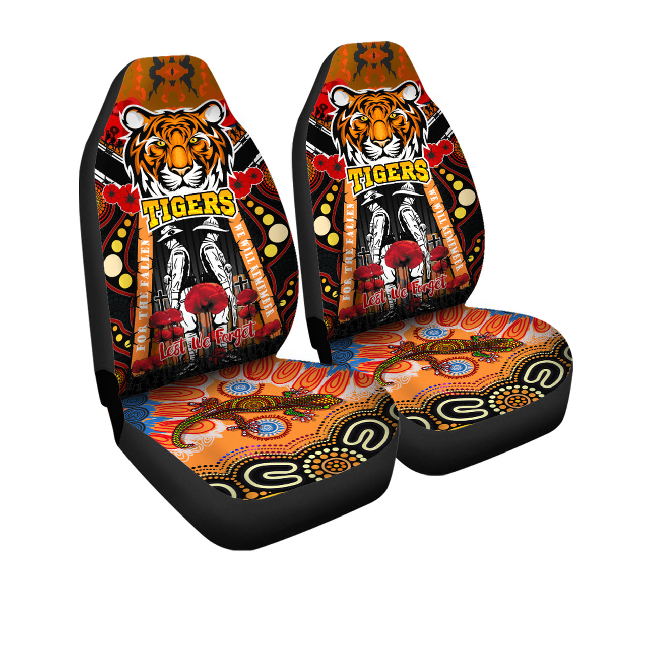 tigers-rugby-anzac-day-watercolour-car-seat-cover-custom-remembrance-west-tigers-with-poppy-flower