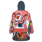 roosters-rugby-snug-hoodie-custom-sydney-roosters-champion-mascot-with-aboriginal-art-personalised-player-and-number-hoodie-oodie-blanket