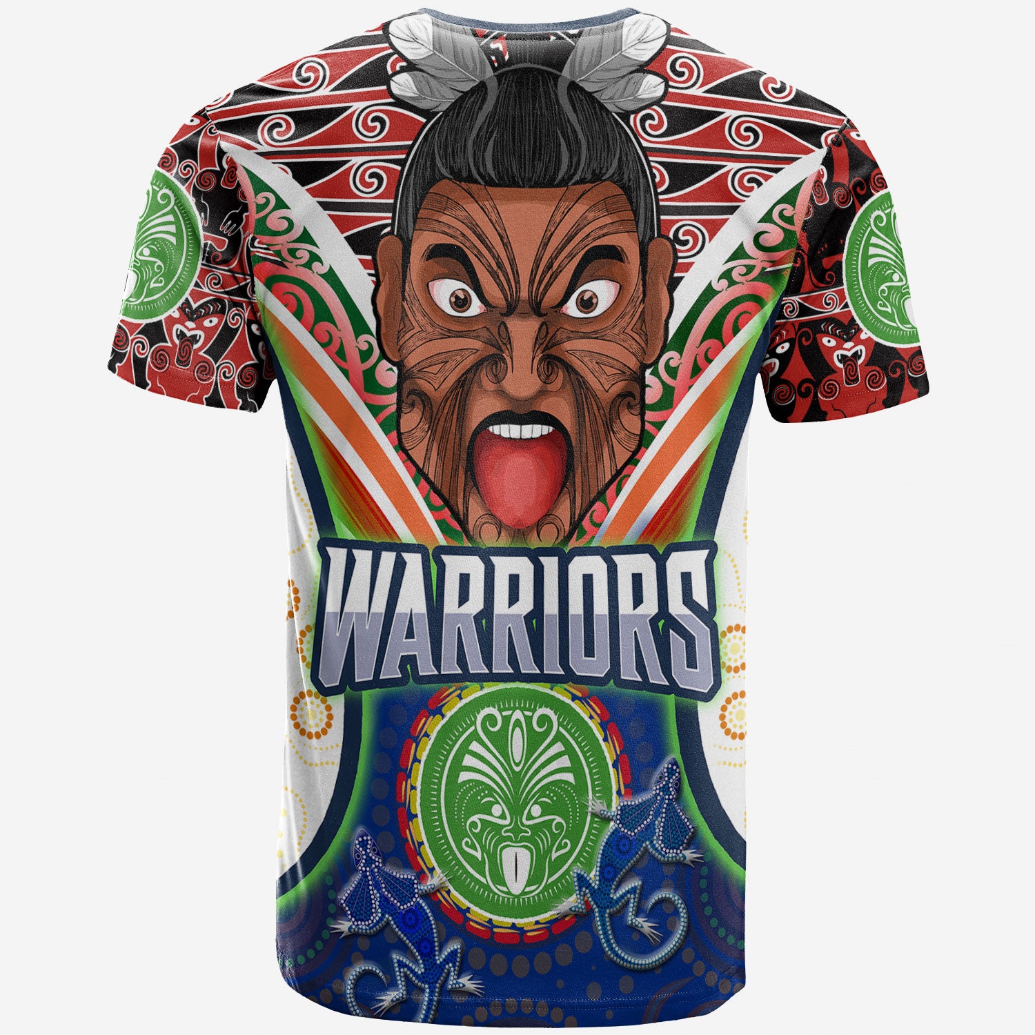 warriors-rugby-t-shirt-custom-new-zealand-warriors-tiki-the-mascot-with-mori-and-aboriginal-art-t-shirt
