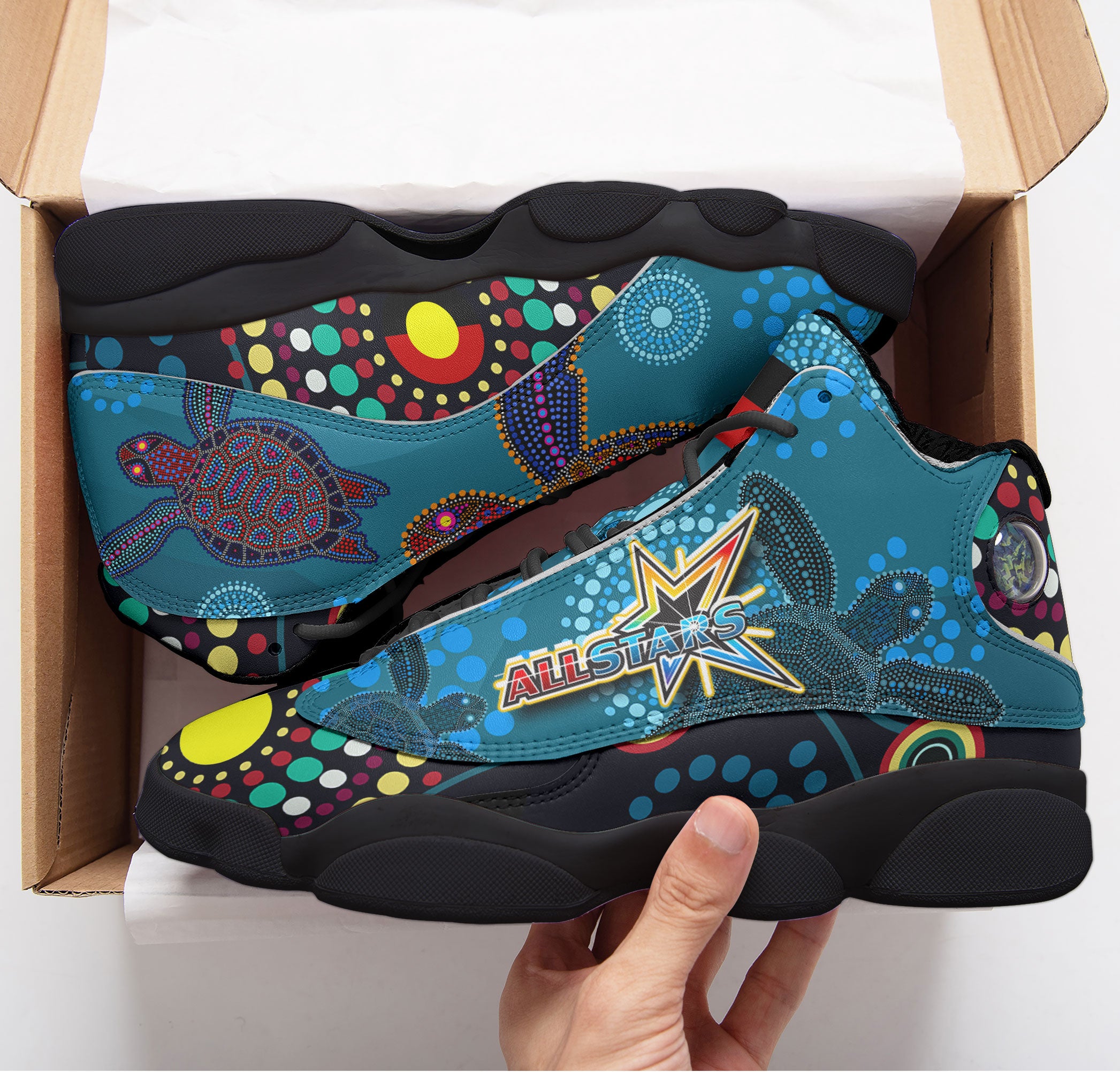 indigenous-all-stars-rugby-high-top-basketball-shoes-j13-custom-dreamtime-turtle-with-aboriginal-dot-painting-art-sneakers-j13