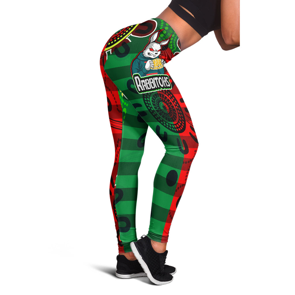 rabbitohs-rugby-leggings-rabbitohs-with-rugby-ball-aboriginal-style-of-dot-painting-patterns-leggings