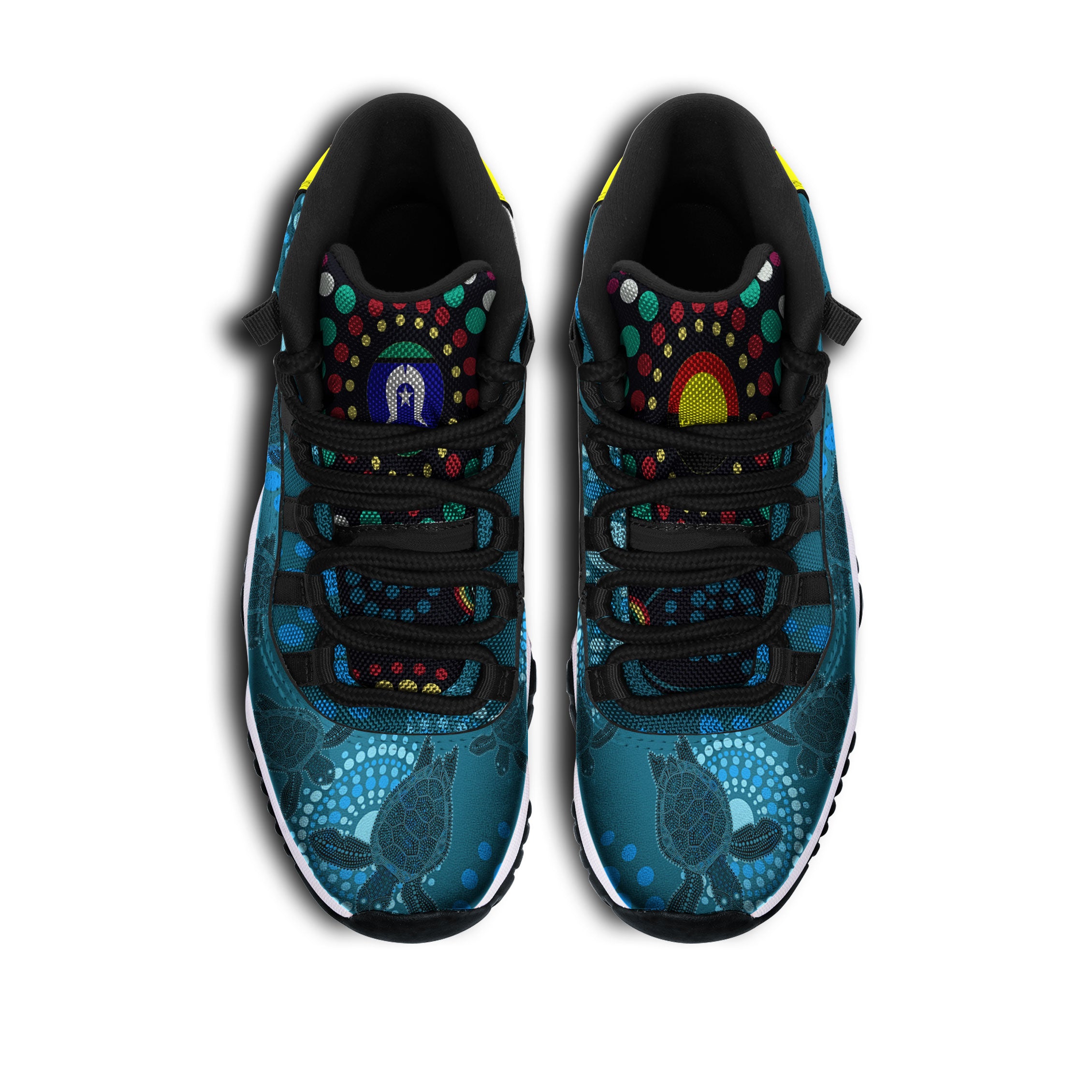 indigenous-all-stars-rugby-high-top-basketball-shoes-j11-custom-dreamtime-turtle-with-aboriginal-dot-painting-art-sneakers-j11