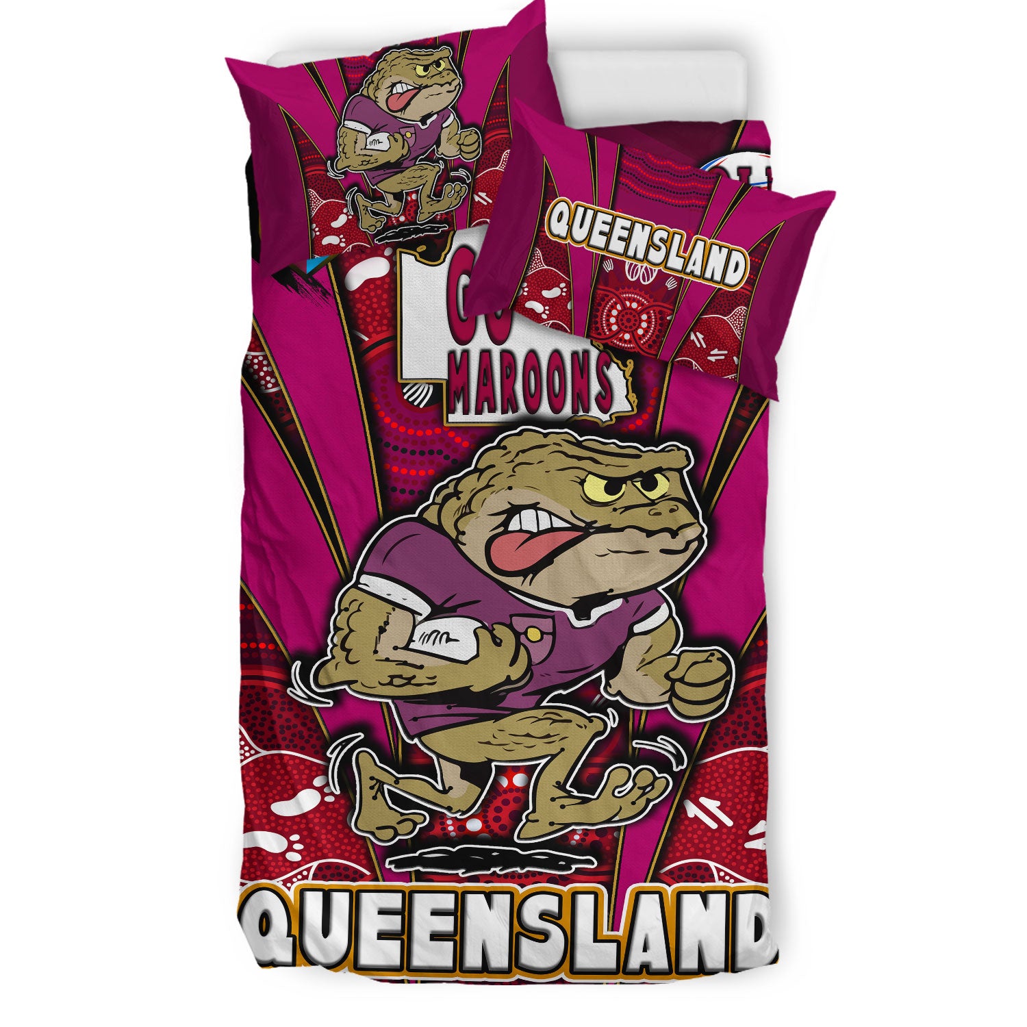 queensland-rugby-league-team-bedding-set-queensland-maroons-mascot-with-aboriginal-art-state-of-origin-bedding-set