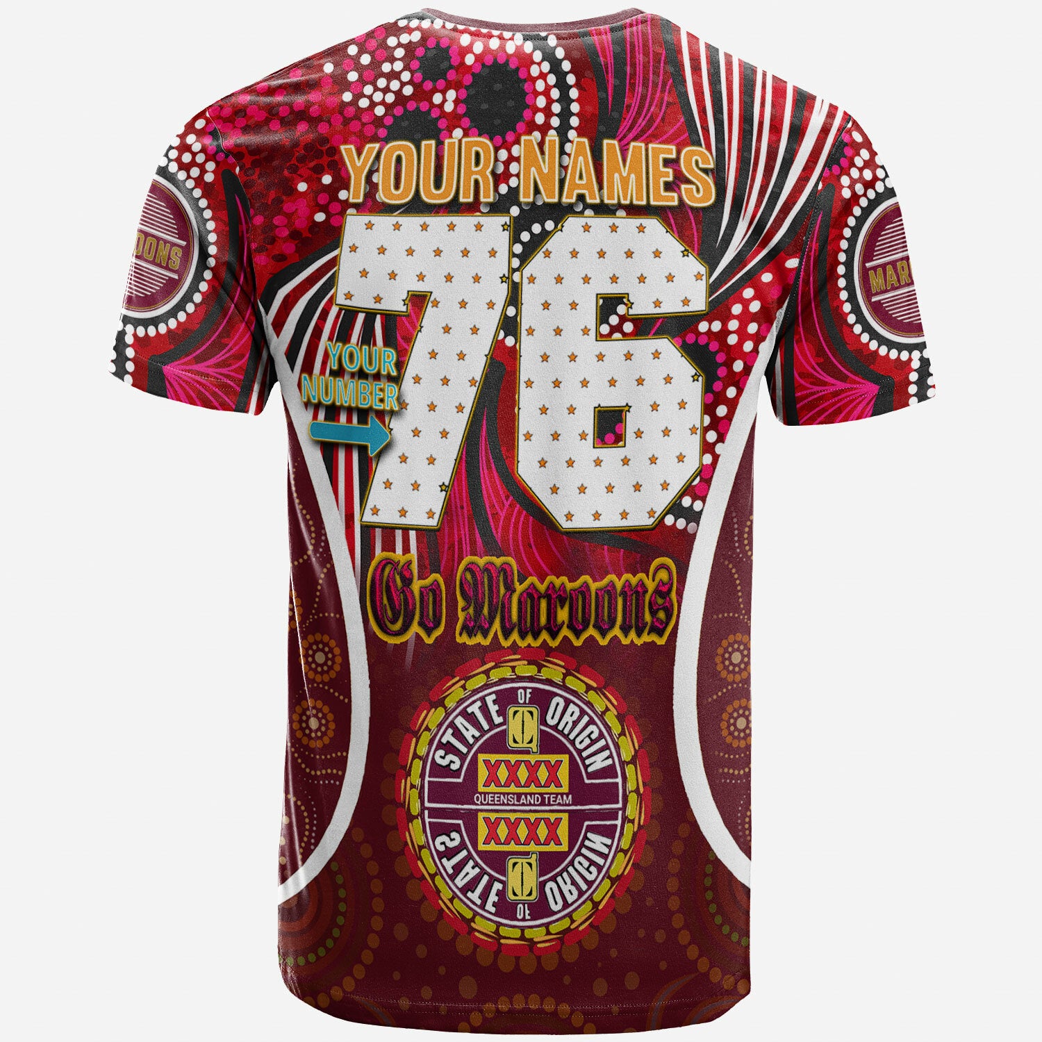 queensland-rugby-league-team-t-shirt-custom-qld-maroons-cane-toads-with-aboriginal-art-personalised-player-and-number-t-shirt
