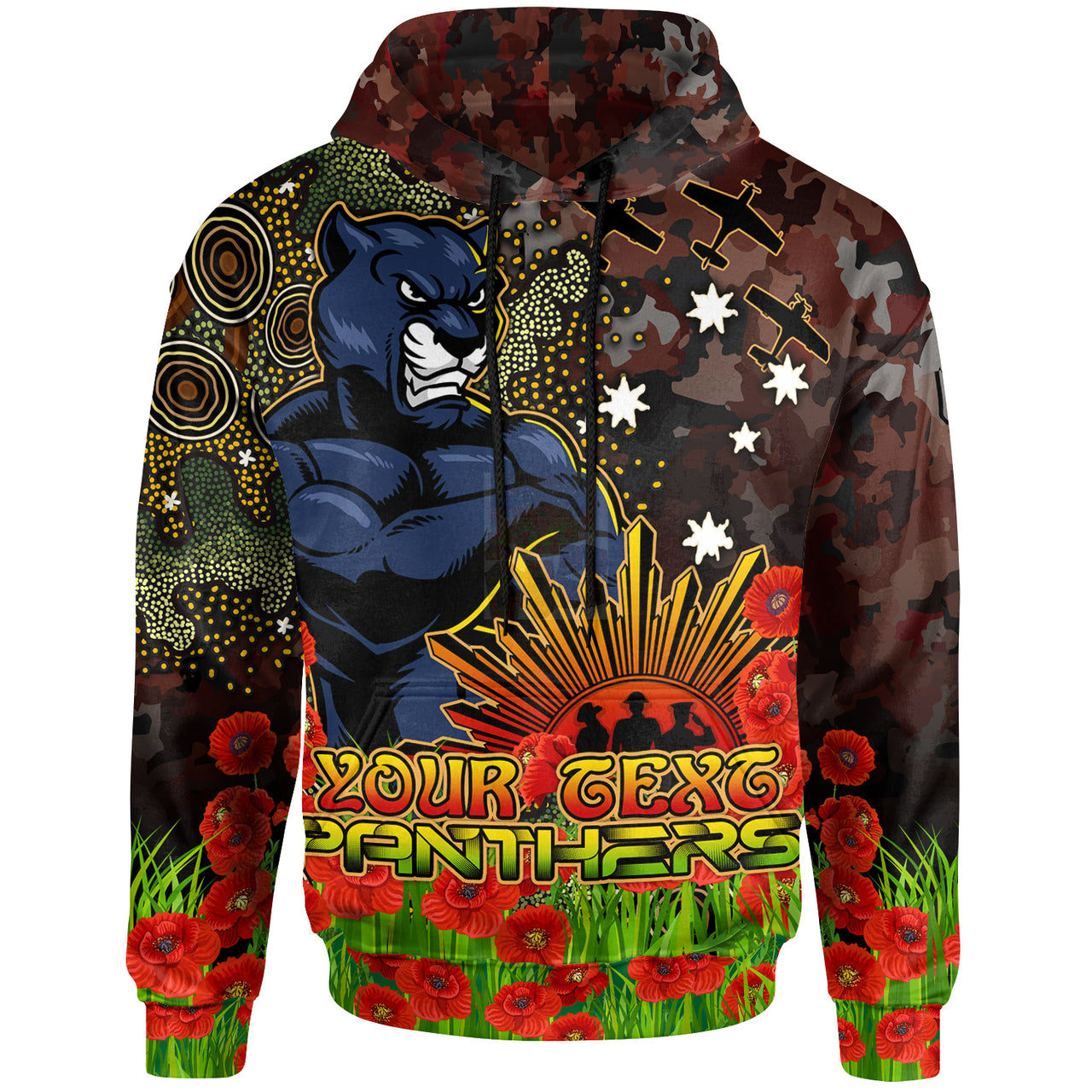panthers-rugby-hoodie-custom-anzac-panthers-with-remembrance-poppy-and-indigenous-patterns-hoodie