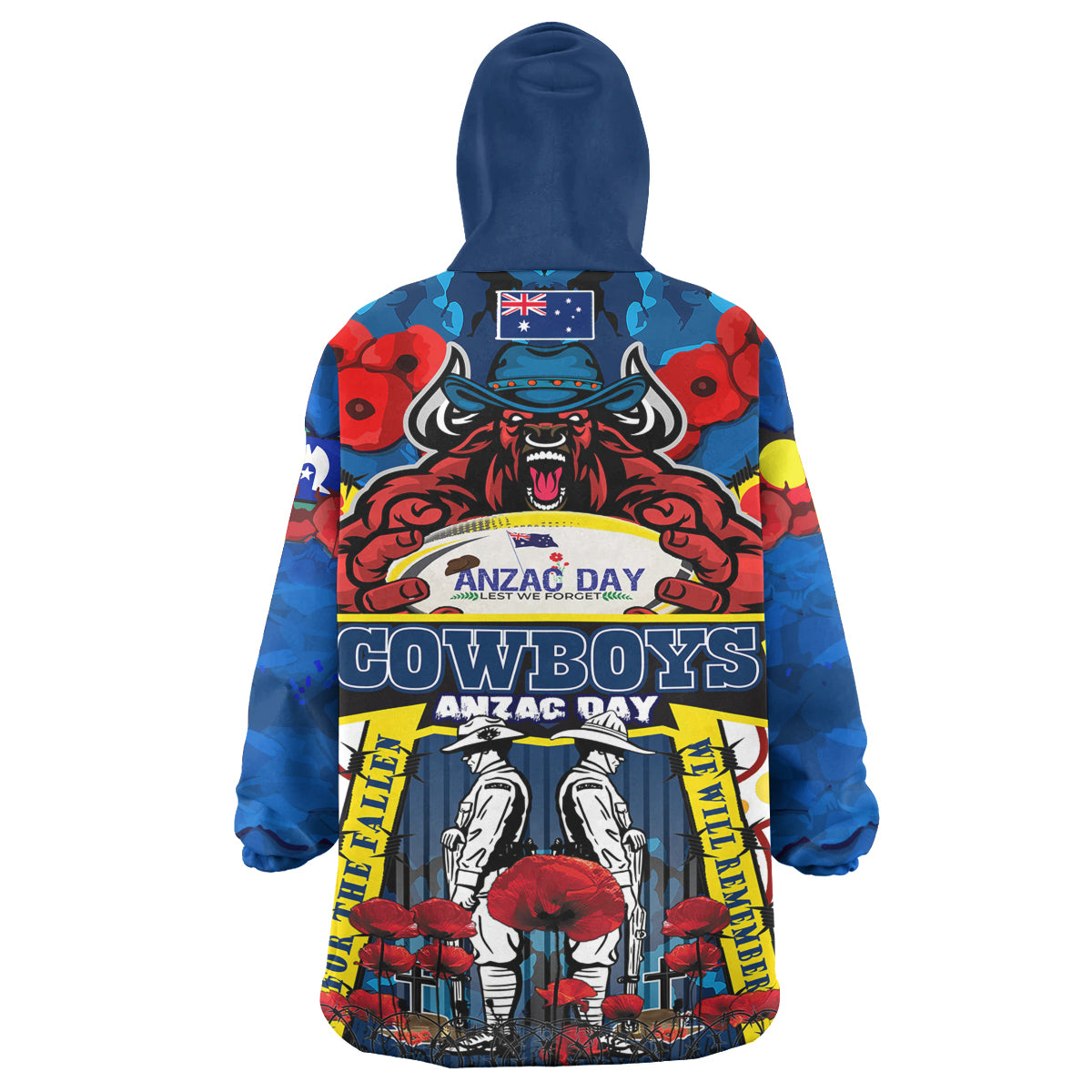cowboys-rugby-anzac-day-snug-hoodie-custom-remembrance-cowboys-with-rugby-ball-and-poppy-flower-oodie-blanket