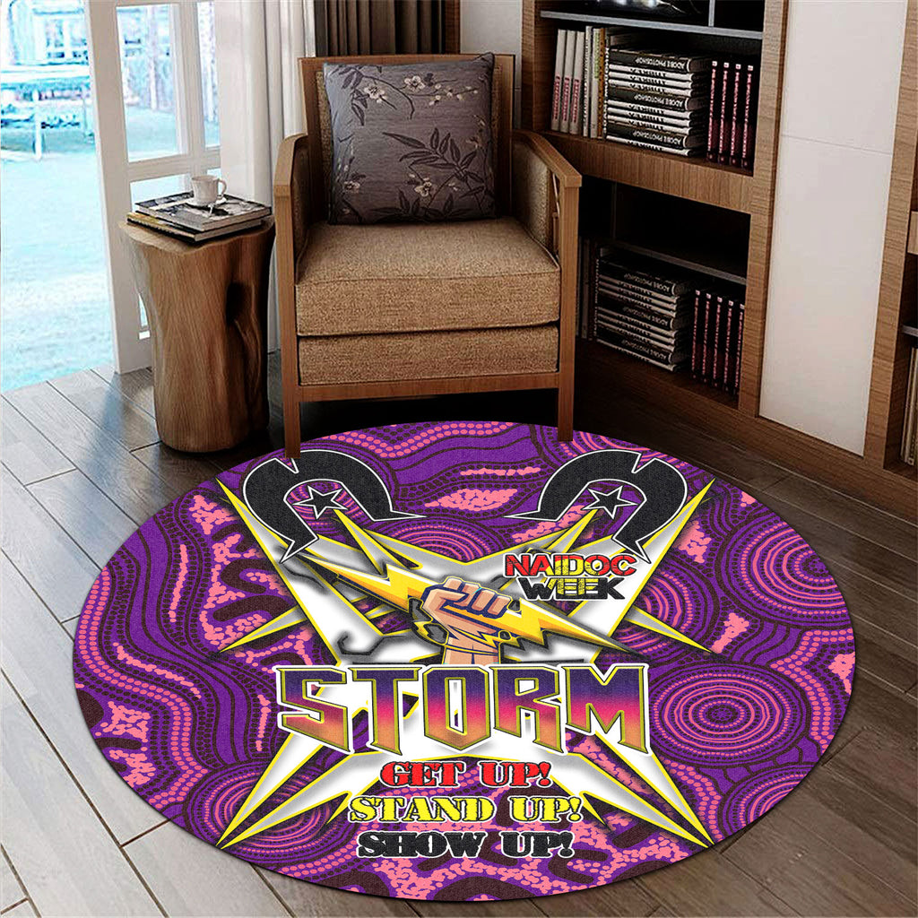 storm-rugby-round-rug-naidoc-week-storm-hand-thunder-with-aboriginal-pattern-get-up-stand-up-show-up-round-rug