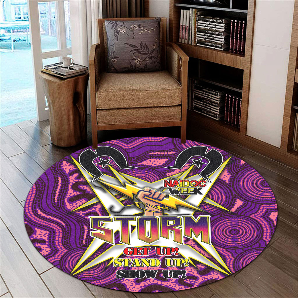 storm-rugby-round-rug-naidoc-week-storm-hand-thunder-with-aboriginal-pattern-get-up-stand-up-show-up-round-rug