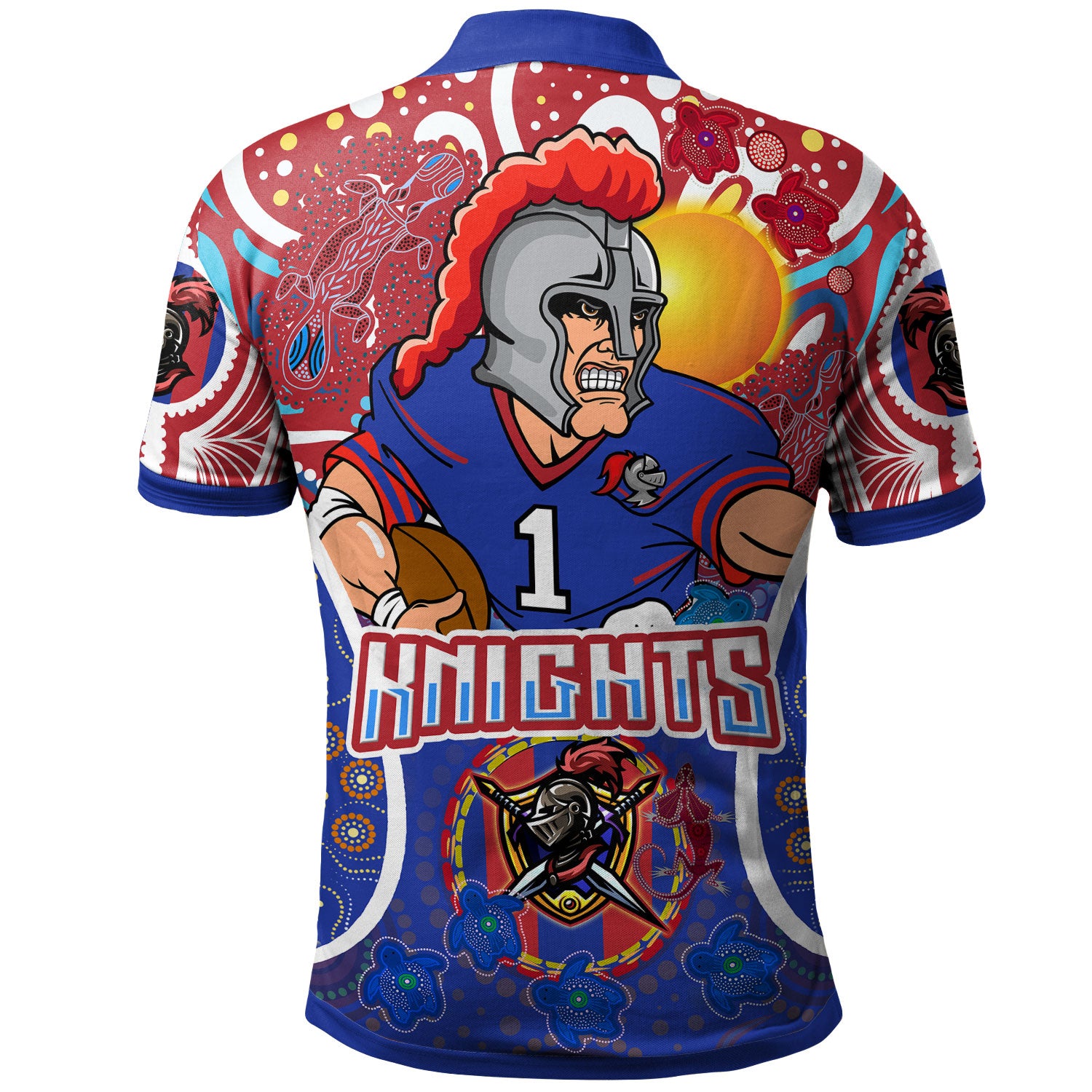 knights-rugby-polo-shirt-custom-indigenous-newcastle-knights-mascot-with-aboriginal-art-personalised-player-and-number-polo-shirt