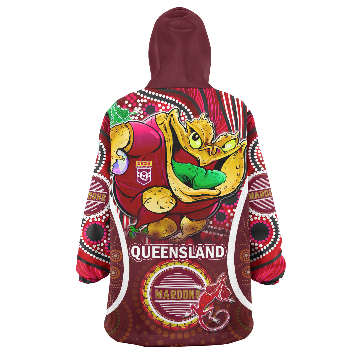 queensland-rugby-league-team-snug-hoodie-custom-qld-maroons-cane-toads-with-aboriginal-art-personalised-player-and-number-oodie-blanket